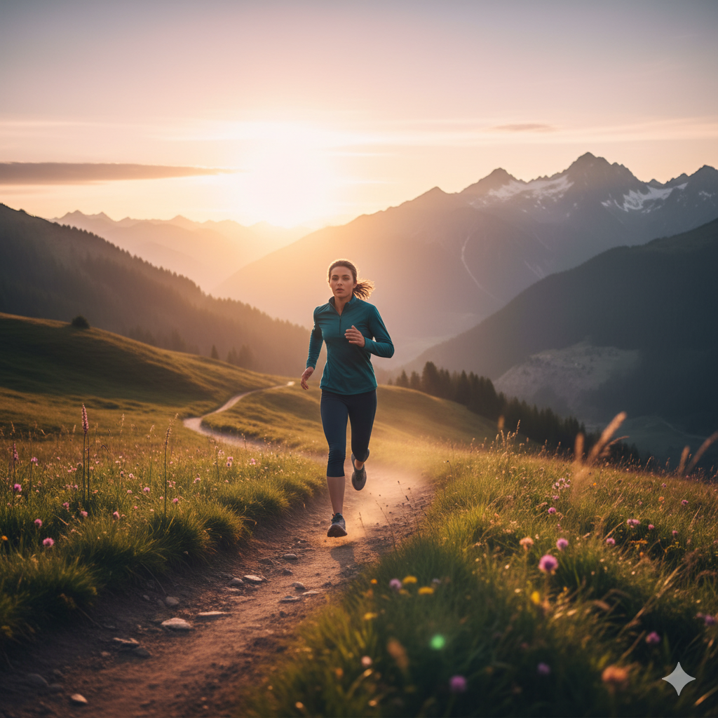 A young person running outdoors on a scenic trail at sunrise, with soft golden light, mountains in the background, focus on determination and movement, wide shot, inspirational atmosphere.